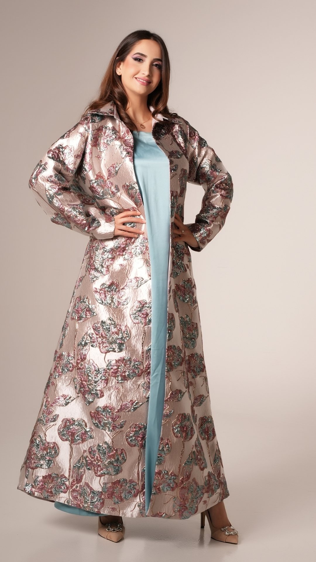 women wearing brocade Kaftan with blue dress