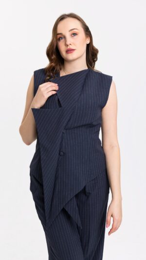 Navy-Striped Sleeveless Suit